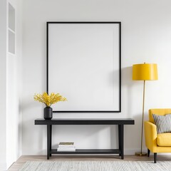 Modern Minimalist Living Room Interior with Yellow Accent Chair and Black Console Table