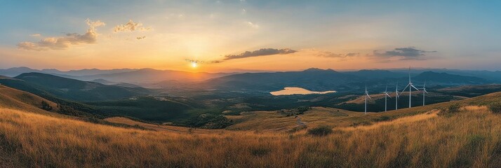 Obraz premium A stunning panoramic view of a sunset over rolling hills, featuring wind turbines and a serene landscape bathed in warm hues.