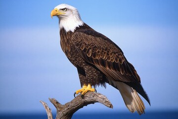 Majestic bald eagle perched on a weathered branch against a clear blue sky.
