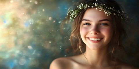 Joyful Young Woman with Flower Crown Exuding Confidence and Beauty in Soft Natural Light