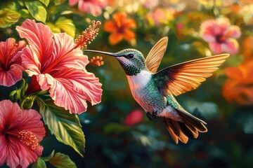 Fototapeta premium A vibrant hummingbird hovers near a pink hibiscus, showcasing a beautiful moment of nature's artistry.