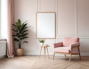 Pink Armchair in Minimalist Living Room Interior
