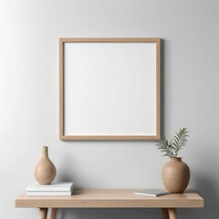 Minimalist Home Decor Mockup Blank Frame, Wooden Table, and Stylish Vases