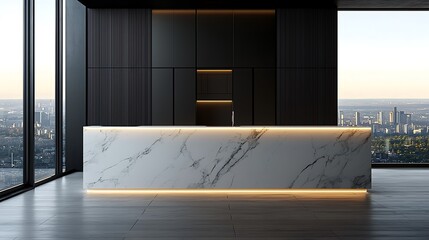 A sleek modern kitchen with white marble countertops, custom cabinetry in matte black, soft under-cabinet lighting casting gentle shadows, polished wood flooring, stainless steel appliances, clean