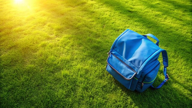 Aerial View of a Bright Blue School Backpack on Lush Green Grass - Back to School - Powered by Adobe