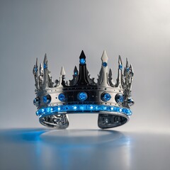 A futuristic crown with sleek metallic bands, glowing blue LEDs, and a minimalist design, white background.