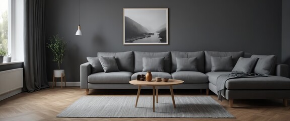 Modern Gray Sectional Sofa in a Dark Gray Living Room