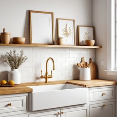 Modern Farmhouse Kitchen Interior with Brass Faucet and Wooden Accents