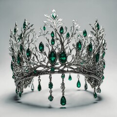 An elven crown with twisting silver vines, emerald leaves, and crystal drops, pure white background.