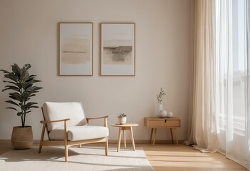 Modern Minimalist Living Room Interior with Beige Armchair