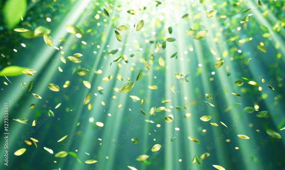 Poster sunlight filtering through a lush forest canopy, illuminating falling green leaves, creating a seren