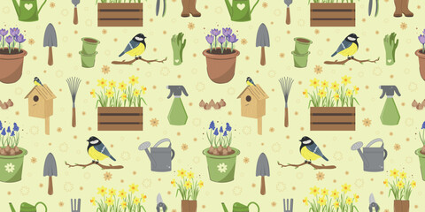 Seamless Pattern With Cute Illustrations on the theme of Spring Gardening. Flat Design of first flowers in pots, gardening tools, rubber boots, birdhouse. vector