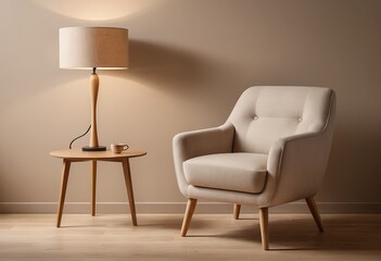 Fototapeta premium Cozy Beige Armchair with Wooden Table Lamp and Side Table