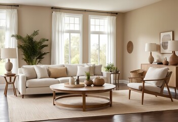 Fototapeta premium Modern Living Room Interior Design with Neutral Tones and Natural Light