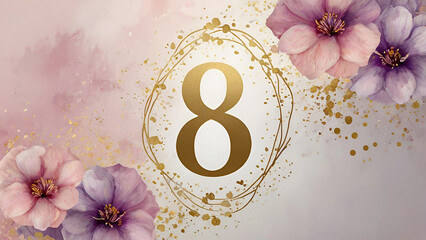 International Women's Day. The holiday falls on March 8th. Banner, flyer. Festive, delicate pink floral background with the number 8.