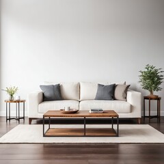 Modern Living Room Interior with White Sofa and Wooden Coffee Table