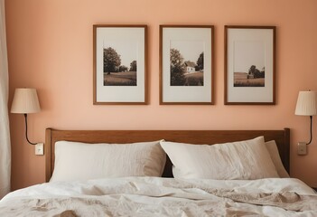 Serene Bedroom with Triptych Landscape Prints