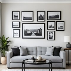 Modern Living Room Interior with Black and White Cityscape Gallery Wall