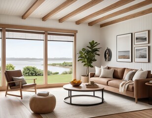 Fototapeta premium Modern Coastal Living Room with Lake View
