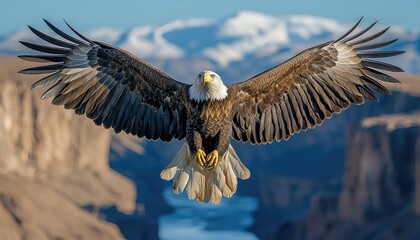 Obraz premium Majestic Bald Eagle Soaring Above Mountainous Terrain