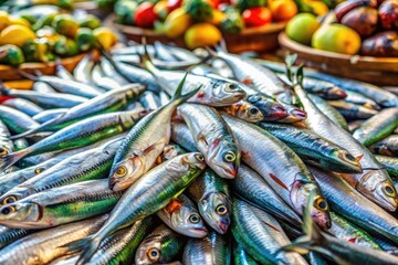 Obraz premium Fresh Mediterranean sardines, daily catch, piled high at the vibrant fishing market.