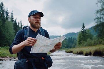 Hiker checking map by mountain river