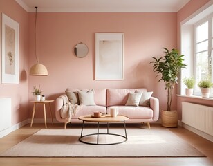 Cozy Pink Living Room Interior with Modern Sofa and Coffee Table