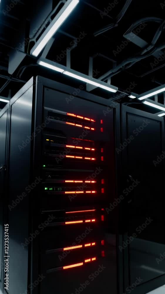 Poster modern data center with hightech servers and blinking led lights in a dynamic corridor