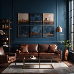 Modern Living Room Interior with Leather Sofa and Gold Accents