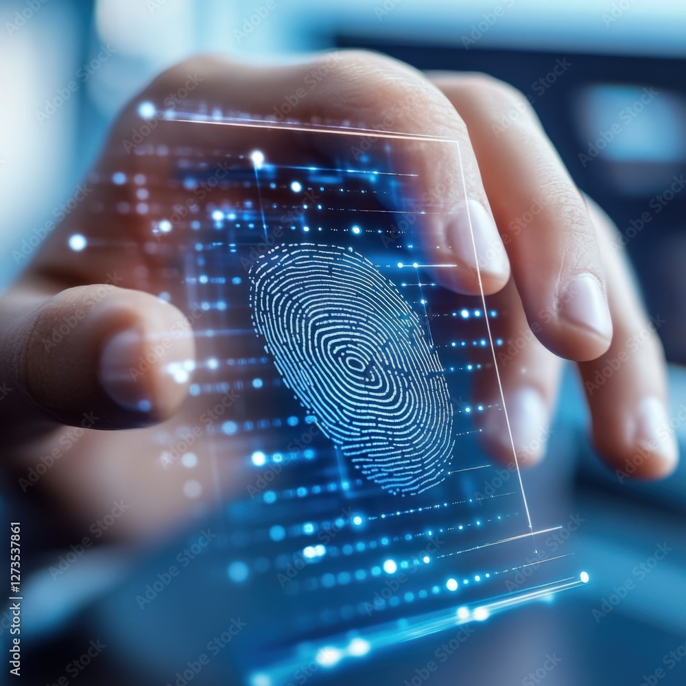 Poster digital fingerprint authentication process modern office technology image high-tech environment clos