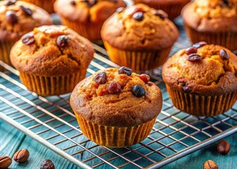 Gluten-Free Spiced Pumpkin Raisin Muffins: Macro Photography of Warm Baked Goods
