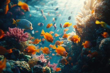 Fototapeta premium Vibrant coral reef teeming with colorful fish, bathed in sunlight.