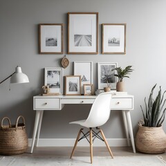 Modern Home Office Desk with Gallery Wall and Plants