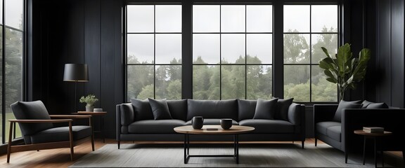 Modern Dark Living Room with Large Windows and Forest View