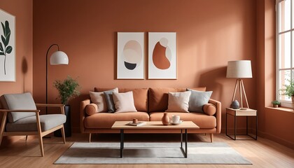 Modern Living Room Interior with Terracotta Walls and Orange Sofa
