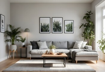 Modern Living Room Interior with Grey Sectional Sofa and Greenery