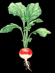 Turnip Watercolor Illustration Crisp Red Root Vegetable with Green Leaves on Black