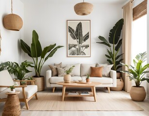 Modern Minimalist Living Room with Tropical Plants and Neutral Decor