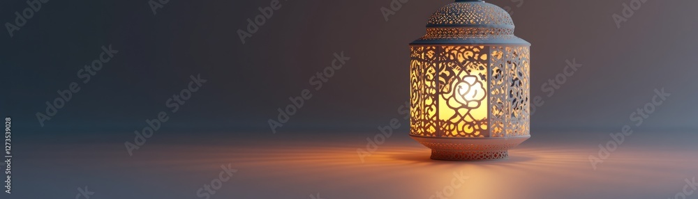 Poster illuminated ornate lantern glowing softly in dark setting