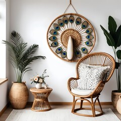 Bohemian Chic Living Room Interior with Rattan Chair and Peacock Feather Wall Decor