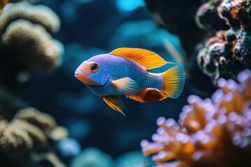 Fototapeta premium Vibrant blue and orange fish swims gracefully amidst coral reef, showcasing its striking colors and fins.