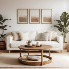 Modern Minimalist Living Room Interior with White Sofa and Wooden Coffee Table