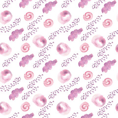 Watercolor seamless pattern of fantasy pink swirls and cloud shapes isolated. Brush splashes and spots in light lavender colors painted on background cartoon design for textiles. Cute girly wallpaper.
