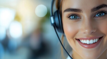 Customer service representative smiling in office environment closeup portrait professional setting engaging with clients enhancing customer experience