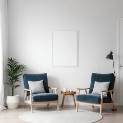 Modern Living Room Interior with Two Teal Armchairs and Mockup Frame