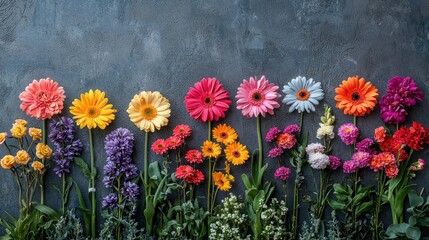 Colorful flower arrangement on a gray textured surface