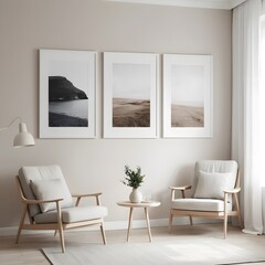 Minimalist Living Room Interior with Triptych of Coastal Landscapes