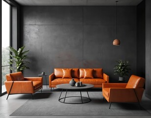 Modern Living Room Interior Design with Orange Leather Sofa and Armchairs