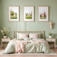 Serene Green Bedroom Interior with Farmhouse Prints