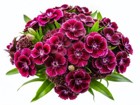 Aerial View of Dark-Petaled Sweet William Flowers Isolated on White
